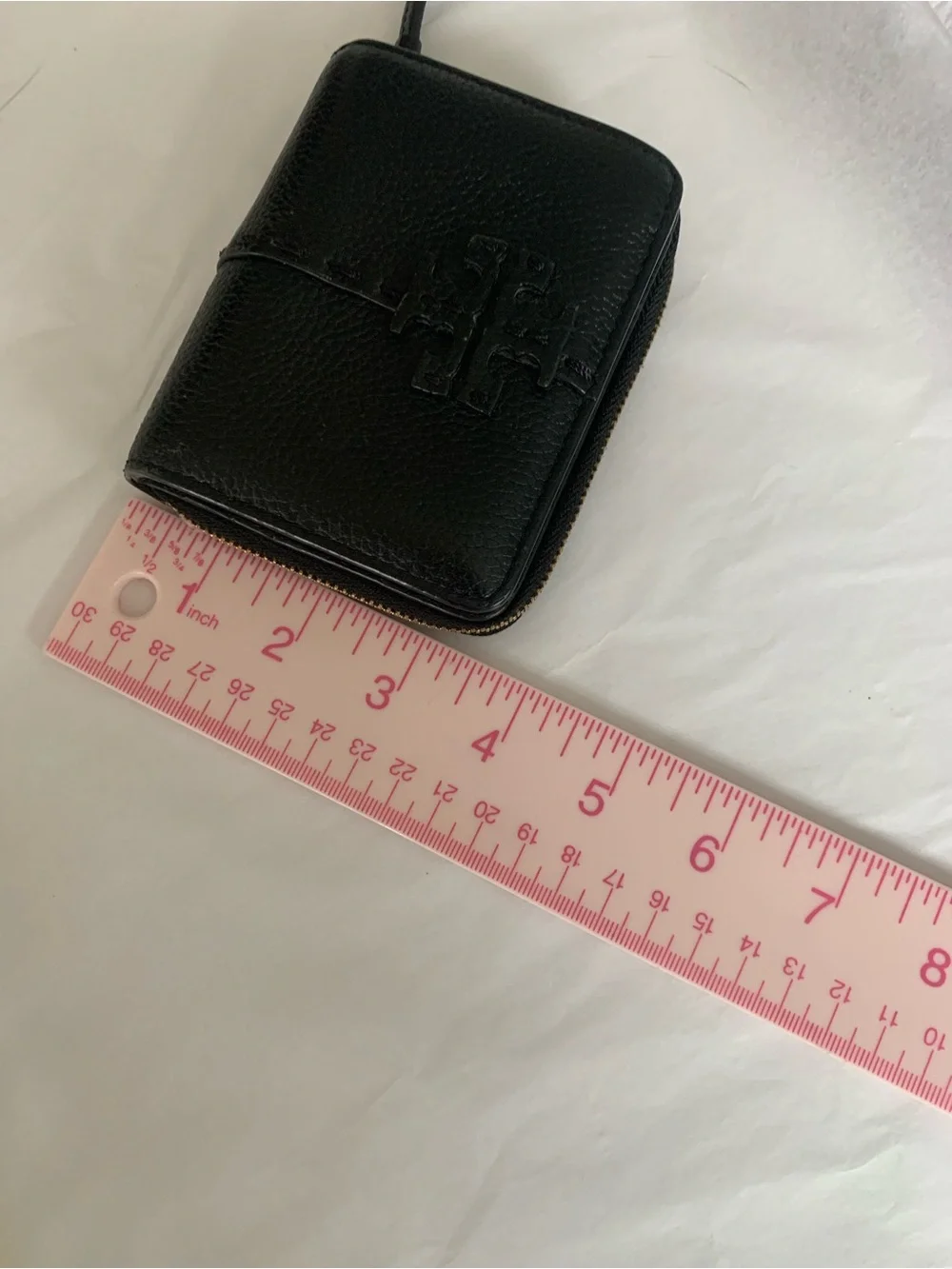 Tory Burch Black Pebbled Leather Zip Card Case with Logo